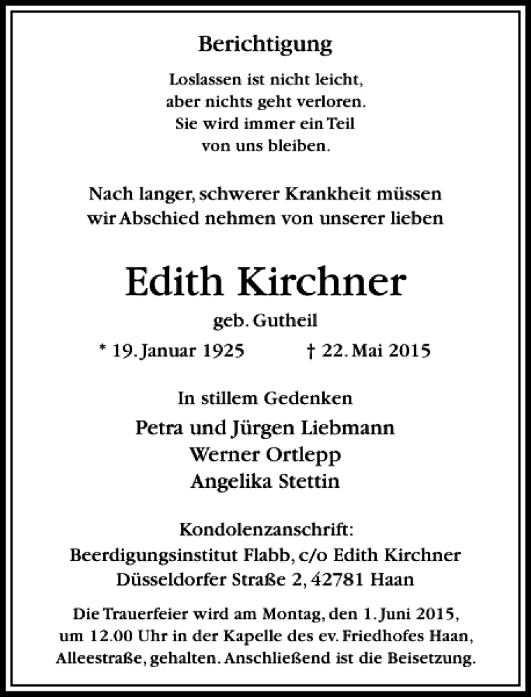  Traueranzeige für Kirchner Edith vom 29.05.2015 aus Rheinische Post