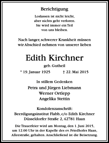 Traueranzeige von Kirchner Edith von Rheinische Post