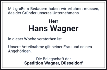 Traueranzeige von Wagner Hans von Rheinische Post