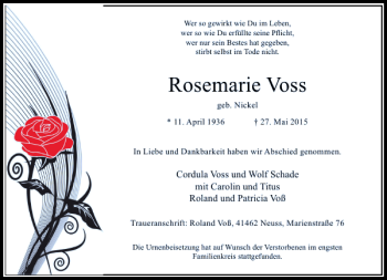 Traueranzeige von Voss Rosemarie von Rheinische Post