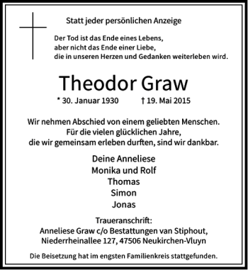 Traueranzeige von Graw Theodor von Rheinische Post