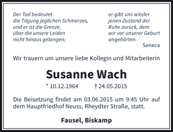 Traueranzeige von Wach Susanne von Rheinische Post