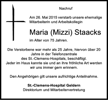 Traueranzeige von Mizzi Staacks Maria von Rheinische Post