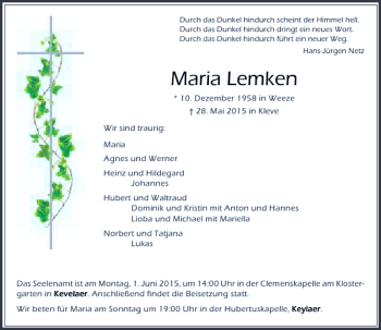 Traueranzeige von Lemken Maria von Rheinische Post