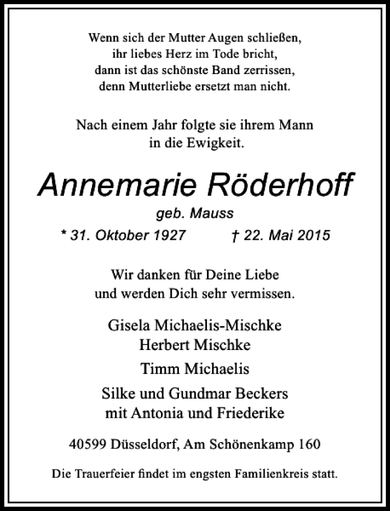  Traueranzeige für Röderhoff Annemarie vom 30.05.2015 aus Rheinische Post