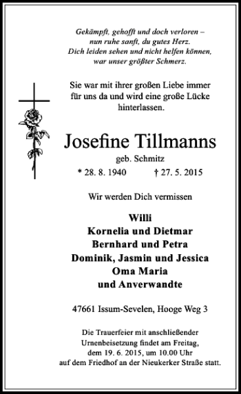 Traueranzeige von Tillmanns Josefine von Rheinische Post