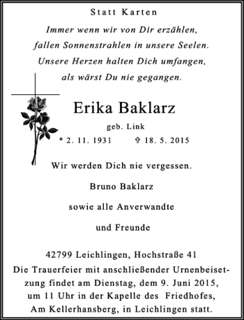 Traueranzeige von Baklarz Erika von Rheinische Post