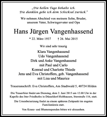 Traueranzeige von Jürgen Vangenhassend Hans von Rheinische Post