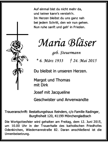 Traueranzeige von Bläser Maria von Rheinische Post