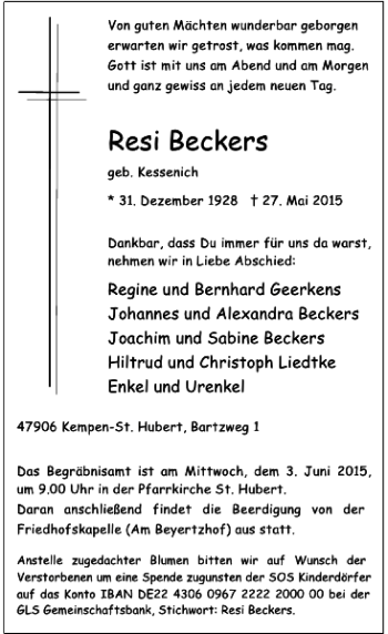 Traueranzeige von Beckers Resi von Rheinische Post