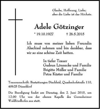 Traueranzeige von Götzinger Adele von Rheinische Post