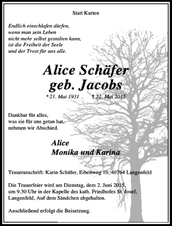 Traueranzeige von Schäfer Alice von Rheinische Post