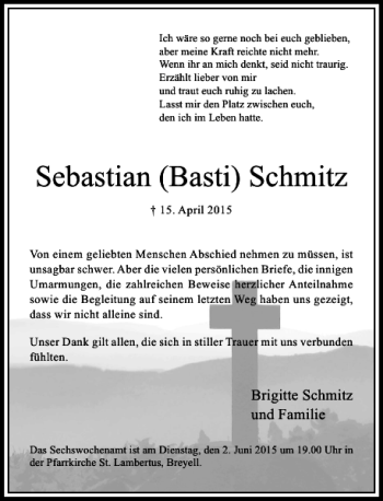 Traueranzeige von Schmitz Sebastian von Rheinische Post