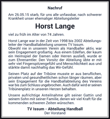 Traueranzeige von Lange Horst von Rheinische Post