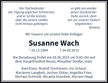 Traueranzeige von Wach Susanne von Rheinische Post