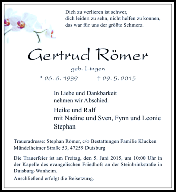 Traueranzeige von Römer Gertrud von Rheinische Post