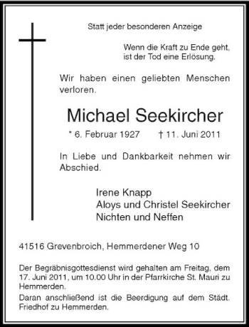 Traueranzeige von Michael Seekircher von Rheinische Post