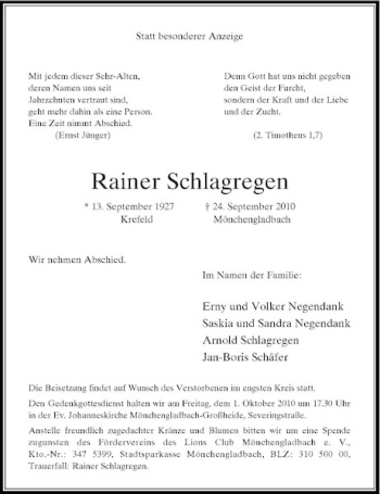 Traueranzeige von Rainer Schlagregen von Rheinische Post