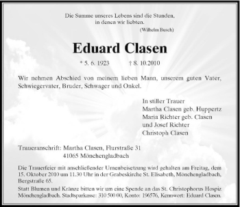 Traueranzeige von Eduard Clasen von Rheinische Post
