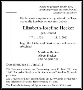 Traueranzeige von Elisabeth-Josefine Hecker von Rheinische Post