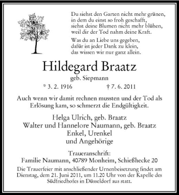 Traueranzeige von Hildegard Braatz von Rheinische Post