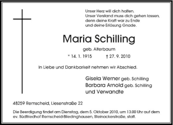Traueranzeige von Maria Schilling von Rheinische Post