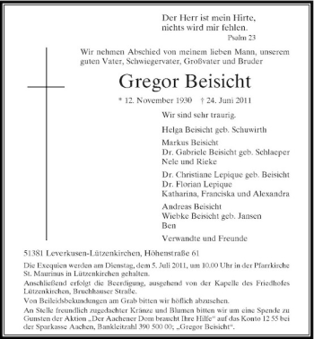 Traueranzeige von Gregor Beisicht von Rheinische Post