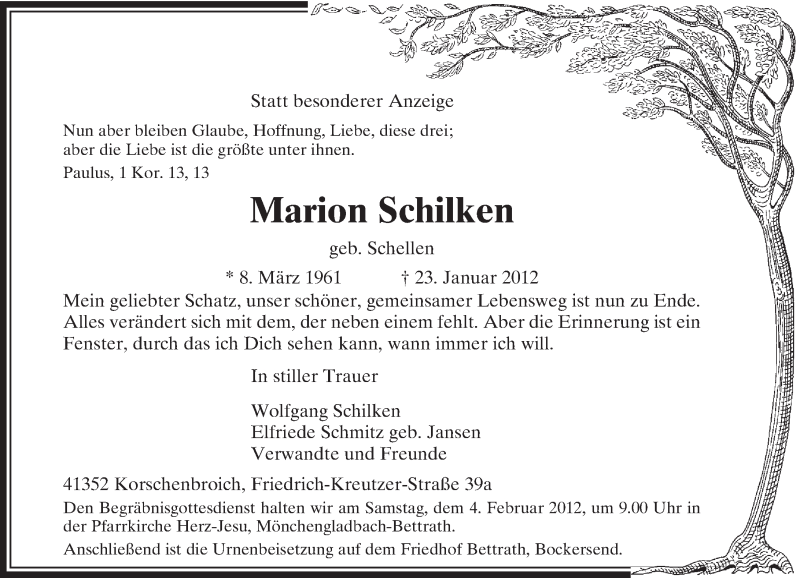  Traueranzeige für Marion Schilken vom 28.01.2012 aus Rheinische Post