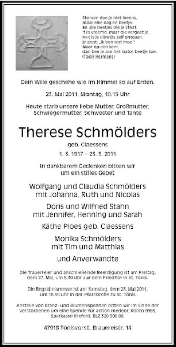 Traueranzeige von Therese Schmölders von Rheinische Post