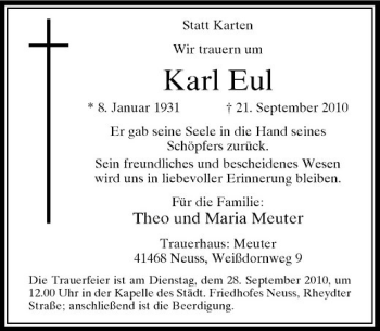 Traueranzeige von Karl Eul von Rheinische Post