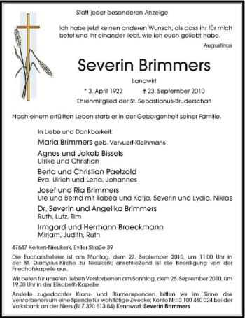 Traueranzeige von Severin Brimmers von Rheinische Post