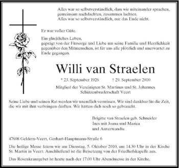 Traueranzeige von Willi van Straelen von Rheinische Post