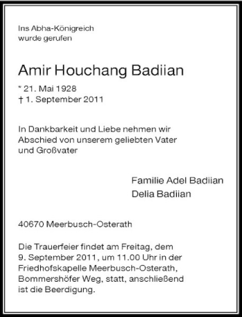 Traueranzeige von Amir Houchang Badiian von Rheinische Post