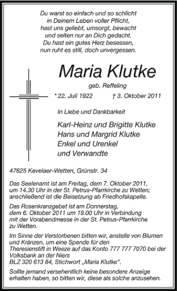 Traueranzeige von Maria Klutke von Rheinische Post