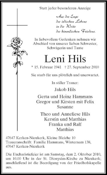 Traueranzeige von Leni Hils von Rheinische Post