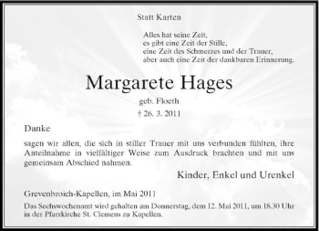 Traueranzeige von Margarete Hages von Rheinische Post