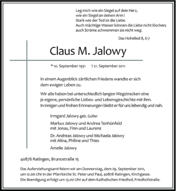 Traueranzeige von Claus M. Jalowy von Rheinische Post