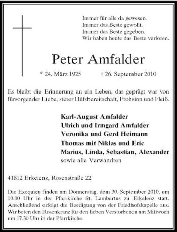Traueranzeige von Peter Amfalder von Rheinische Post