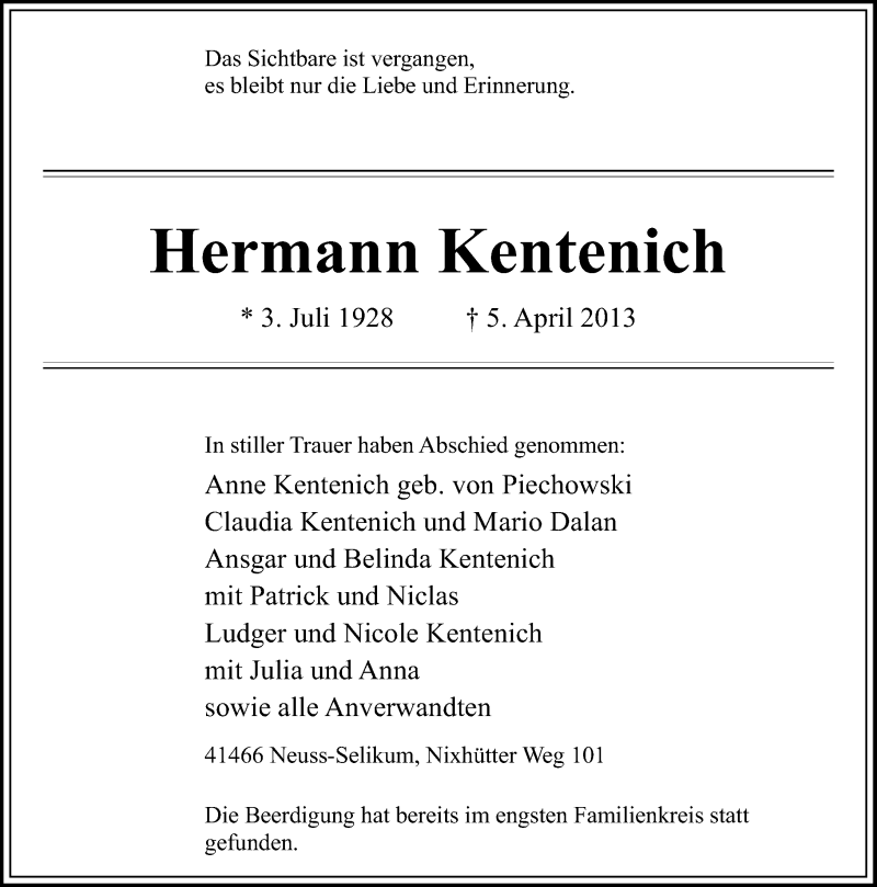  Traueranzeige für Hermann Kentenich vom 13.04.2013 aus Rheinische Post