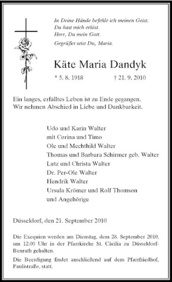 Traueranzeige von Käte Maria Dandyk von Rheinische Post