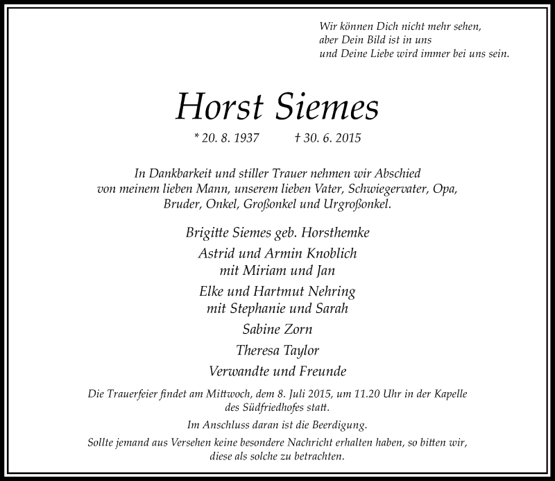  Traueranzeige für Horst Siemes vom 04.07.2015 aus Rheinische Post