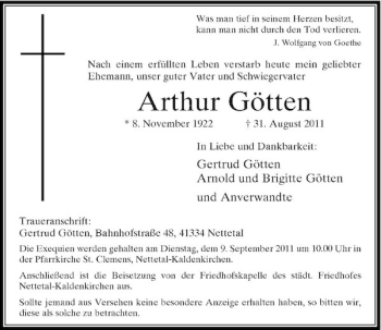 Traueranzeige von Arthur Götten von Rheinische Post