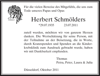 Traueranzeige von Herbert Schmölders von Rheinische Post