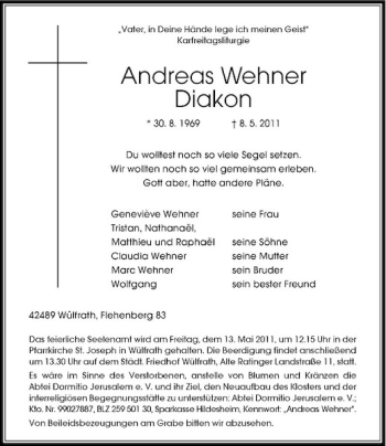 Traueranzeige von Andreas Wehner von Rheinische Post