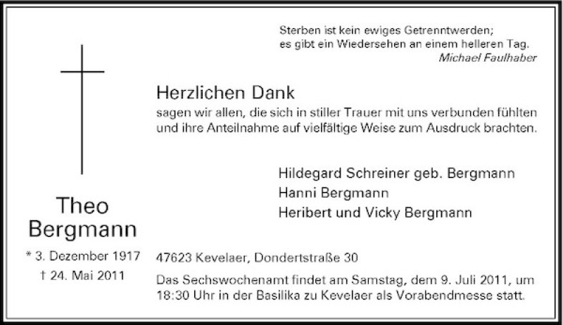  Traueranzeige für Theo Bergmann vom 04.07.2011 aus Rheinische Post