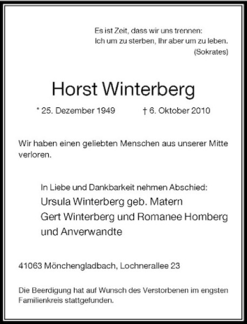 Traueranzeige von Horst Winterberg von Rheinische Post