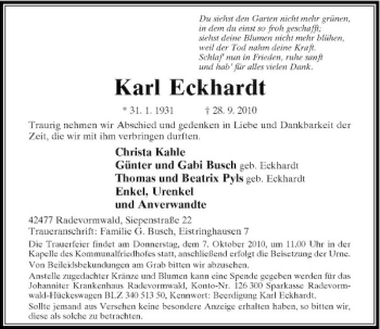 Traueranzeige von Karl Eckhardt von Rheinische Post