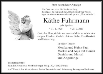 Traueranzeige von Käthe Fuhrmann von Rheinische Post
