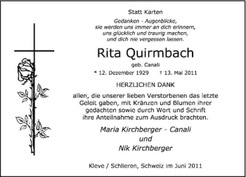 Traueranzeige von Rita Quirmbach von Rheinische Post