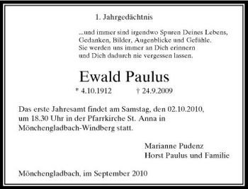 Traueranzeige von Ewald Paulus von Rheinische Post